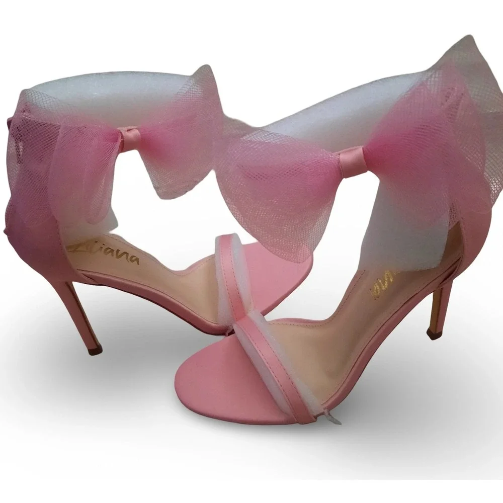 Liliana Tisha Pink Tulle Bow Ankle Strap Stiletto Heels Womens 7.5 NEW